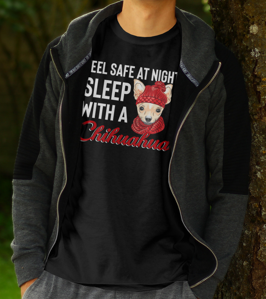 Feel Safe At Night Sleep With A Chihuahua Wearing Cozy Red Knitted Hat And Scarf T-Shirt
