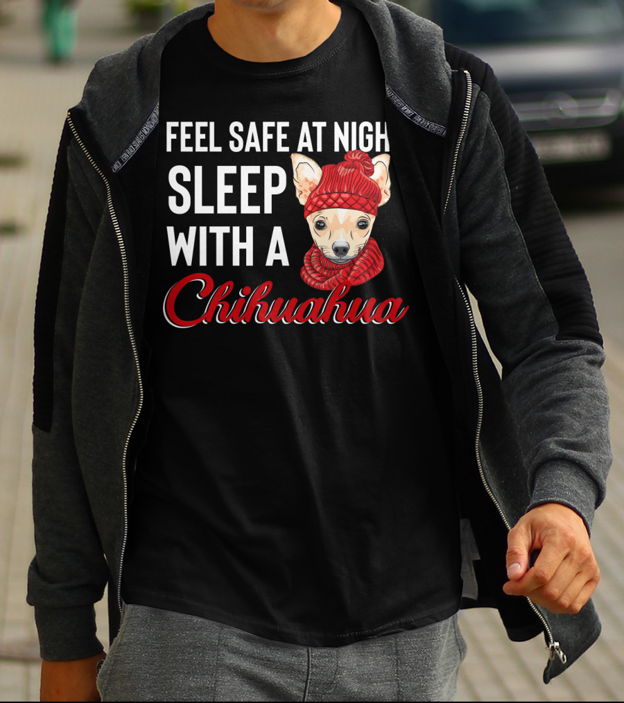 Feel Safe At Night Sleep With A Chihuahua Wearing Cozy Red Knitted Hat And Scarf T-Shirt