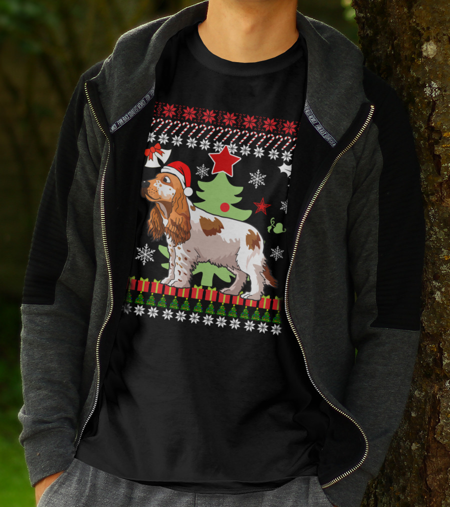 Christmas Cocker Spaniel Santa Hat Snowflakes Christmas Tree T-Shirt