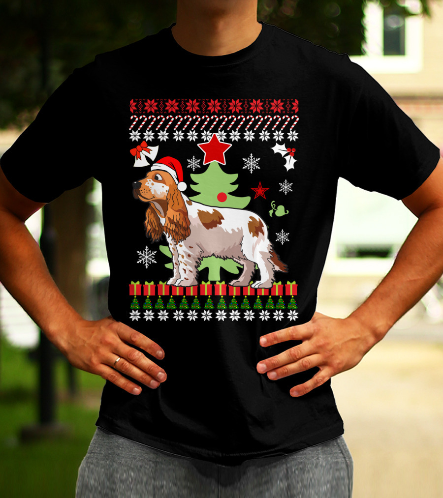 Christmas Cocker Spaniel Santa Hat Snowflakes Christmas Tree T-Shirt