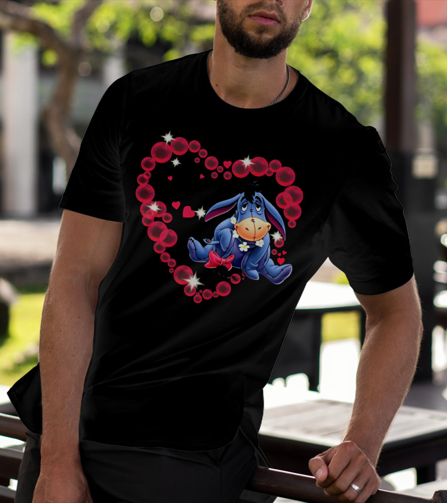 Eeyore Surrounded By Heart-Shaped Bubbles And Flowers T-Shirt