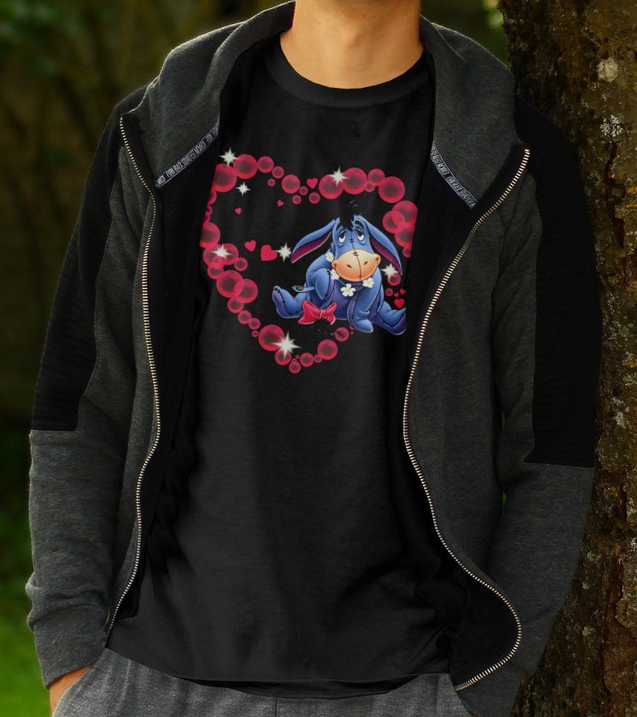Eeyore Surrounded By Heart-Shaped Bubbles And Flowers T-Shirt