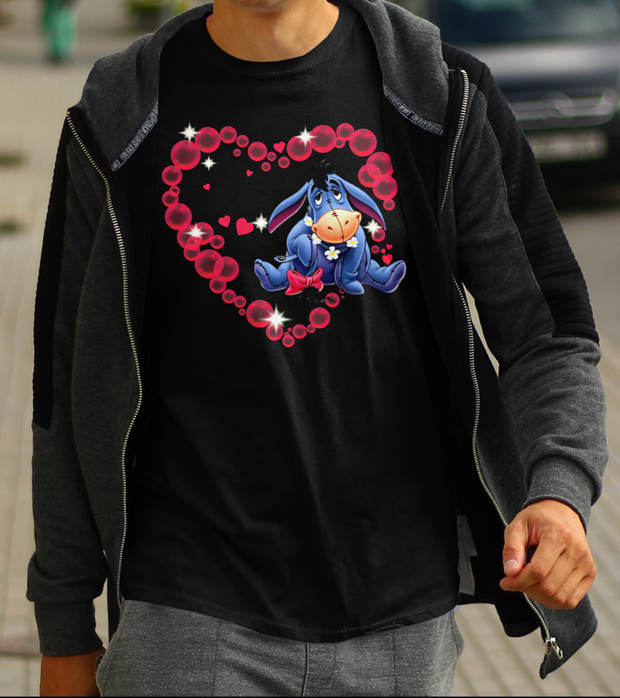 Eeyore Surrounded By Heart-Shaped Bubbles And Flowers T-Shirt