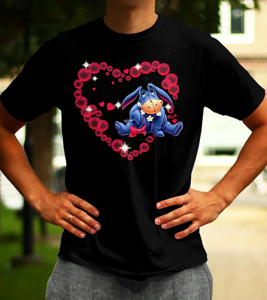 Eeyore Surrounded By Heart-Shaped Bubbles And Flowers T-Shirt