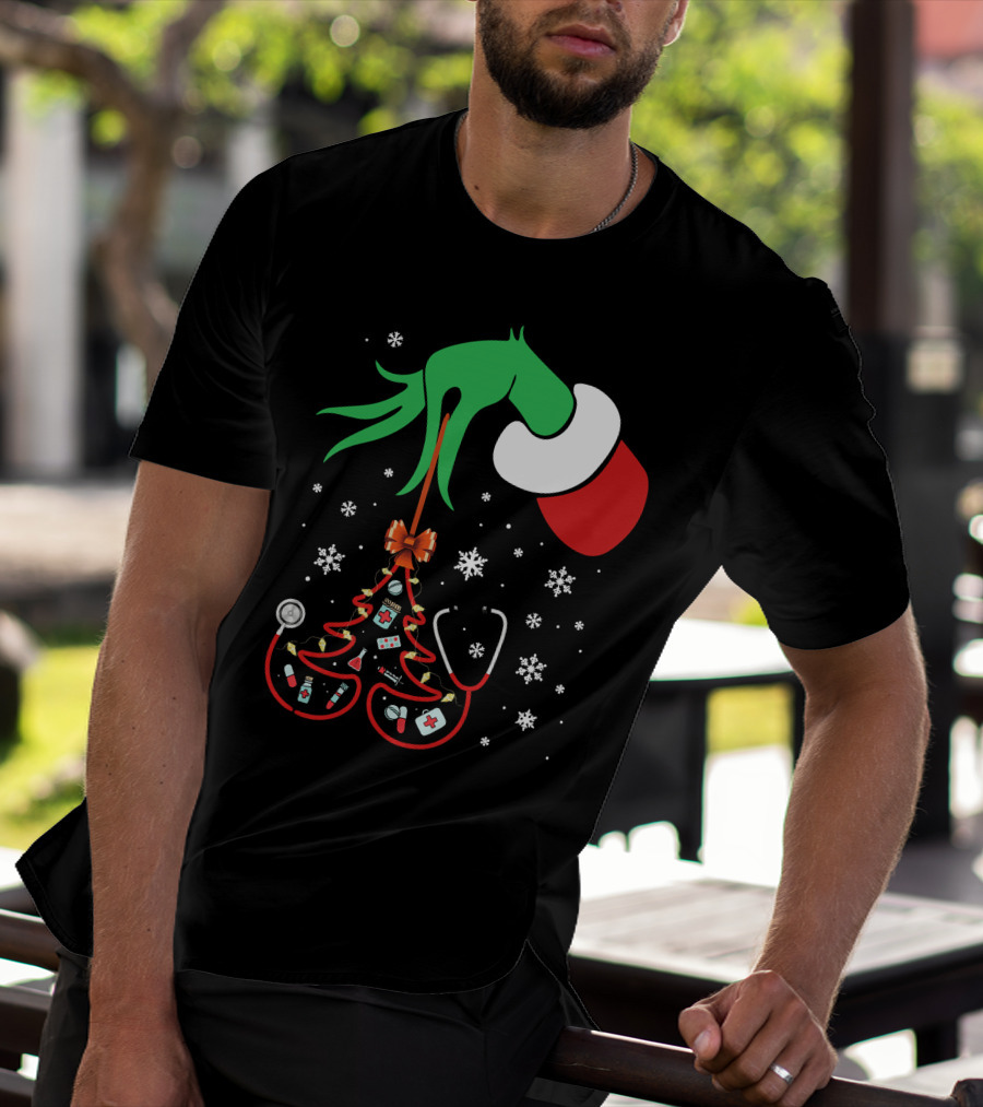 Grinch Hand Holding Nurse Themed Christmas Tree With Medical Icons T-Shirt