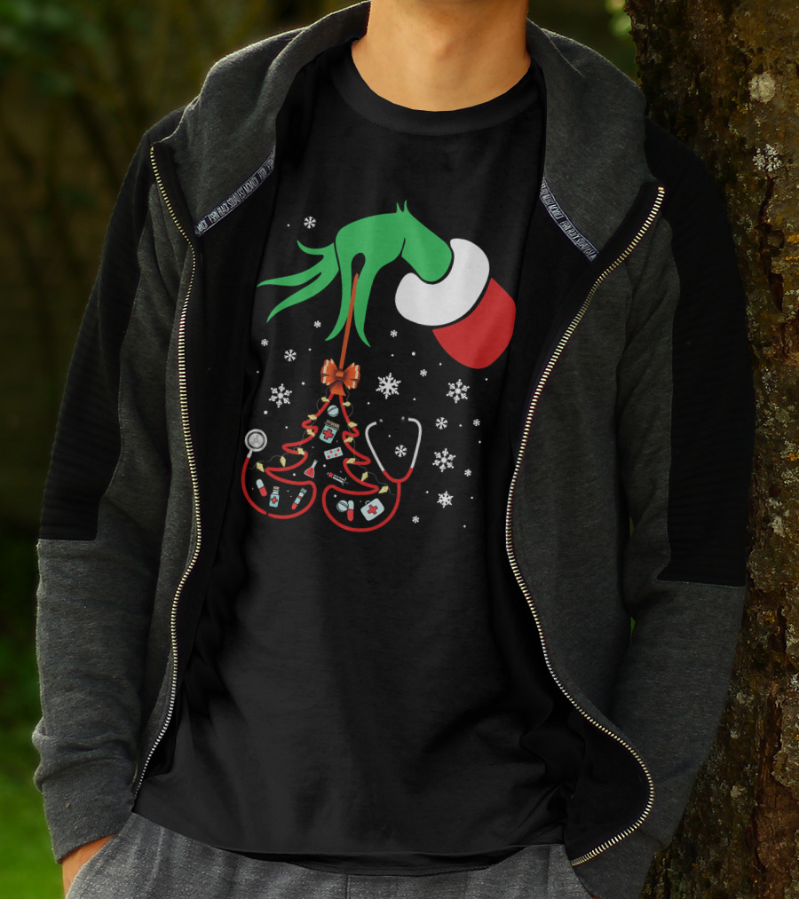 Grinch Hand Holding Nurse Themed Christmas Tree With Medical Icons T-Shirt