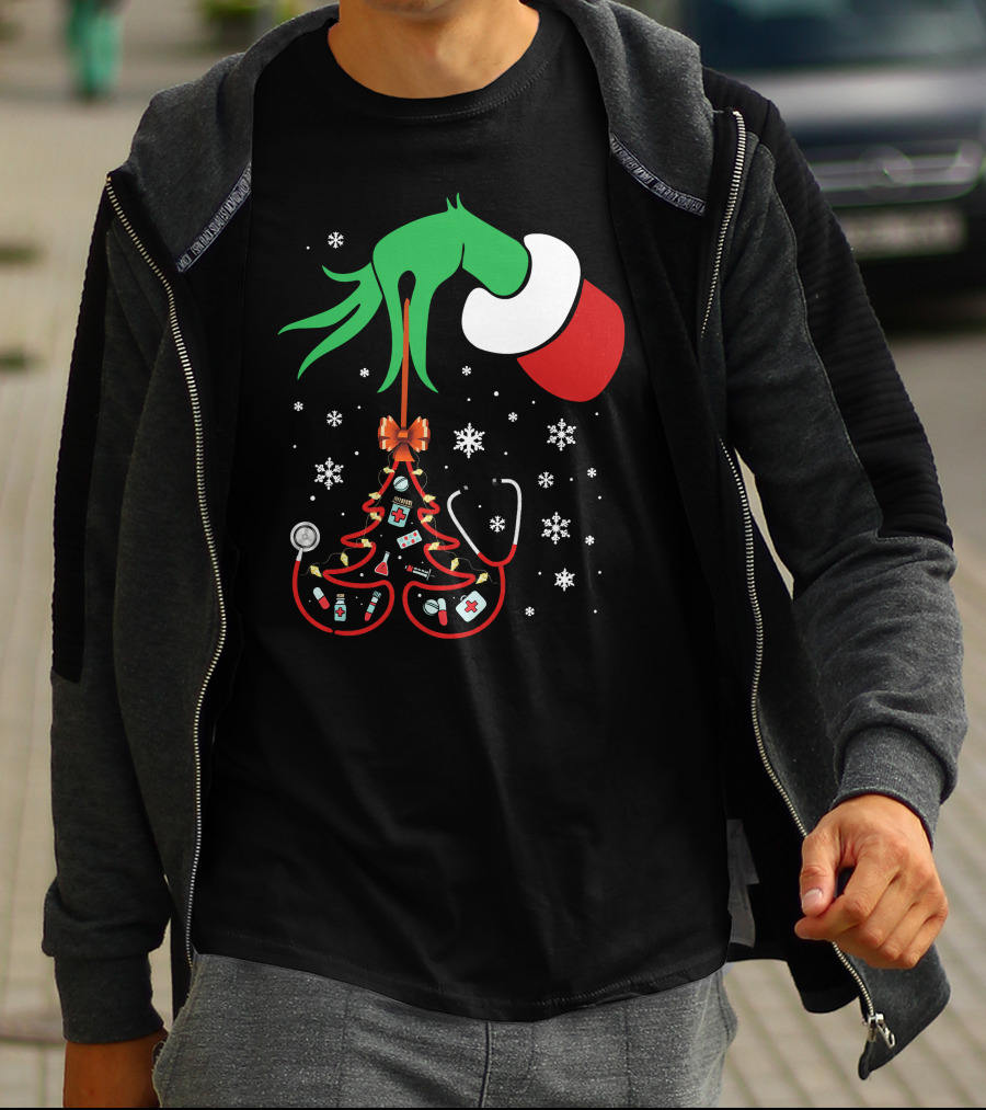 Grinch Hand Holding Nurse Themed Christmas Tree With Medical Icons T-Shirt