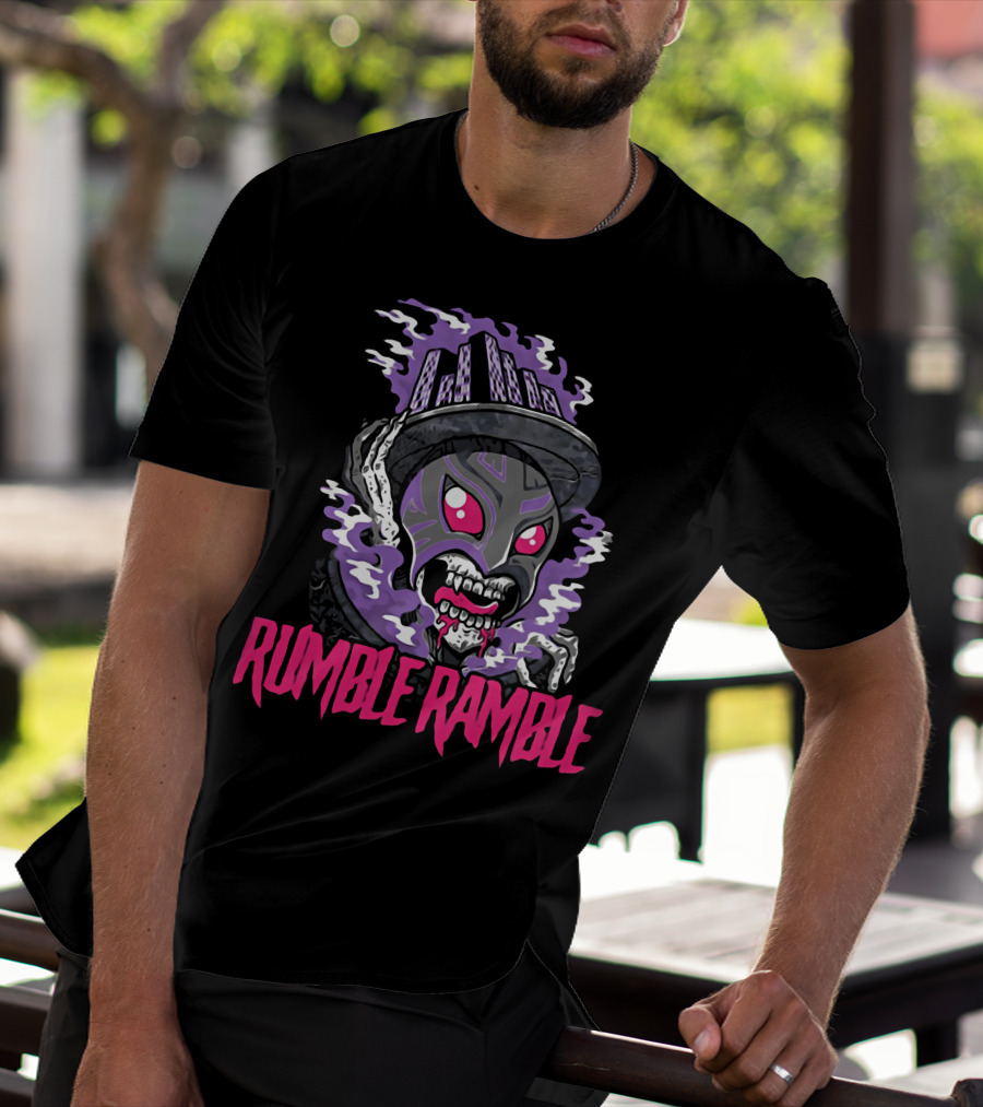 Rumble Ramble Monster In Urban Graffiti Mask With Purple Smoke And Cityscape Hat T-Shirt