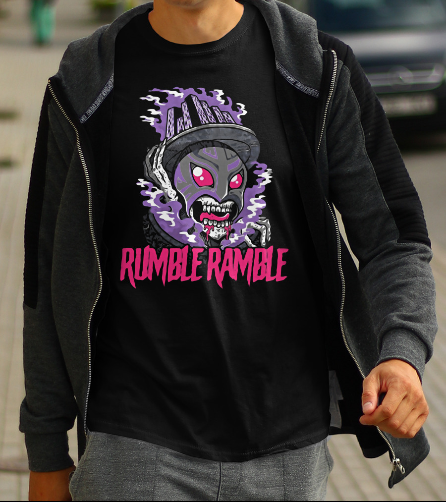 Rumble Ramble Monster In Urban Graffiti Mask With Purple Smoke And Cityscape Hat T-Shirt