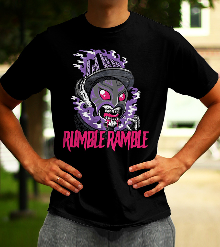 Rumble Ramble Monster In Urban Graffiti Mask With Purple Smoke And Cityscape Hat T-Shirt