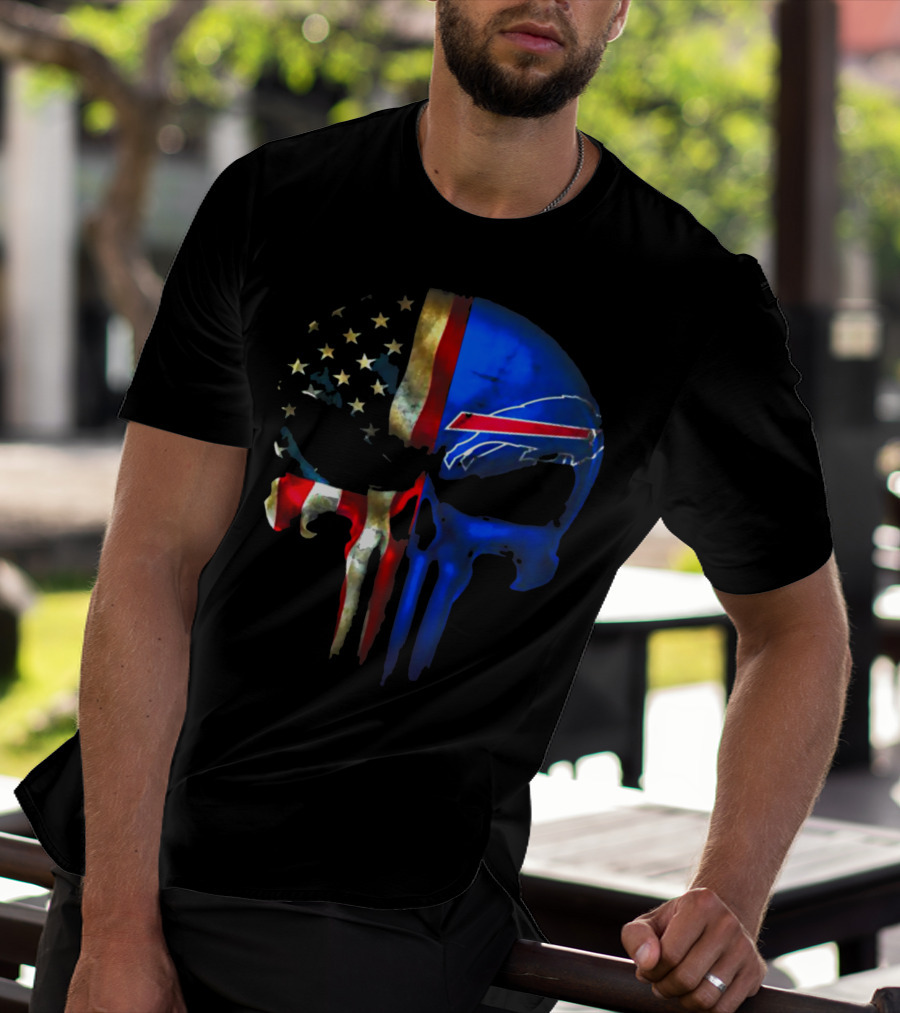 Skull Buffalo Bills American Flag Punisher NFL Logo Stars Stripes T-Shirt