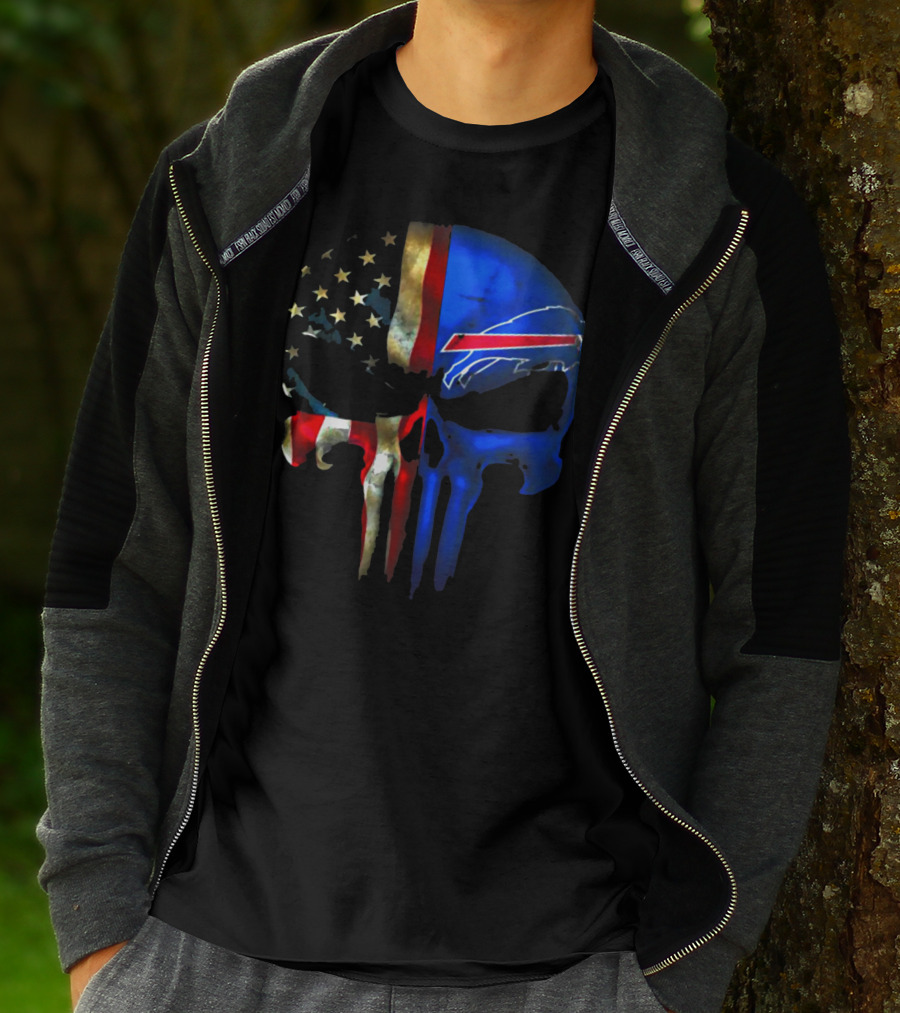 Skull Buffalo Bills American Flag Punisher NFL Logo Stars Stripes T-Shirt