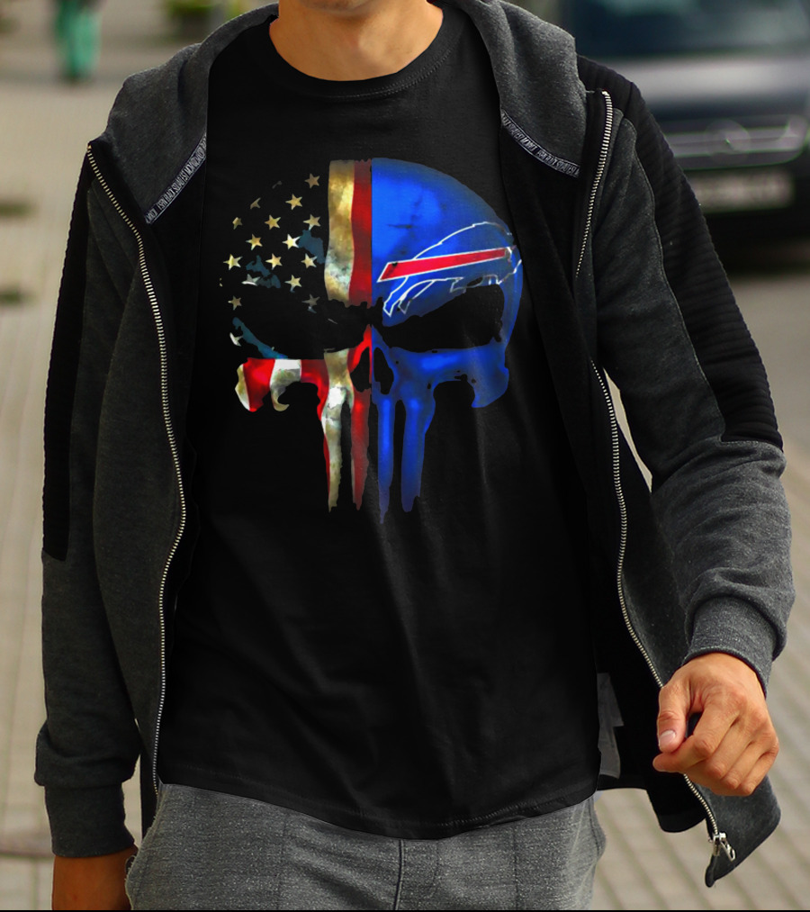 Skull Buffalo Bills American Flag Punisher NFL Logo Stars Stripes T-Shirt