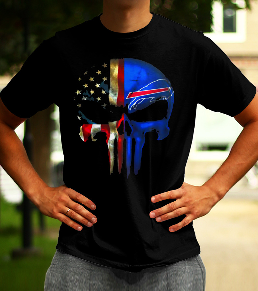 Skull Buffalo Bills American Flag Punisher NFL Logo Stars Stripes T-Shirt