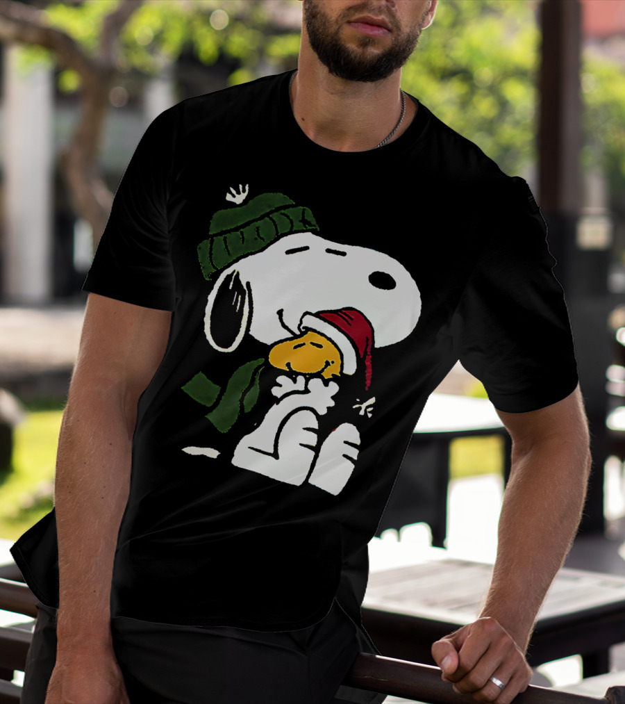 Snoopy Hugging Woodstock Winter Hat Scarf Christmas T-Shirt