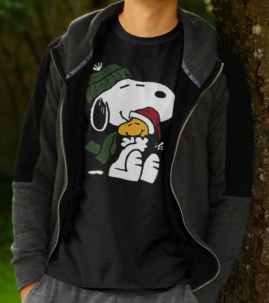 Snoopy Hugging Woodstock Winter Hat Scarf Christmas T-Shirt
