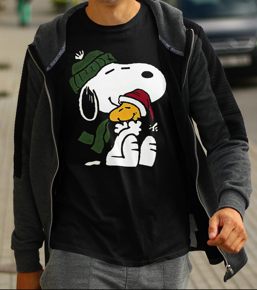 Snoopy Hugging Woodstock Winter Hat Scarf Christmas T-Shirt