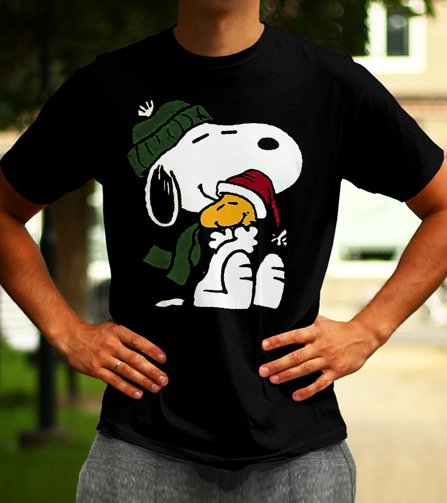 Snoopy Hugging Woodstock Winter Hat Scarf Christmas T-Shirt