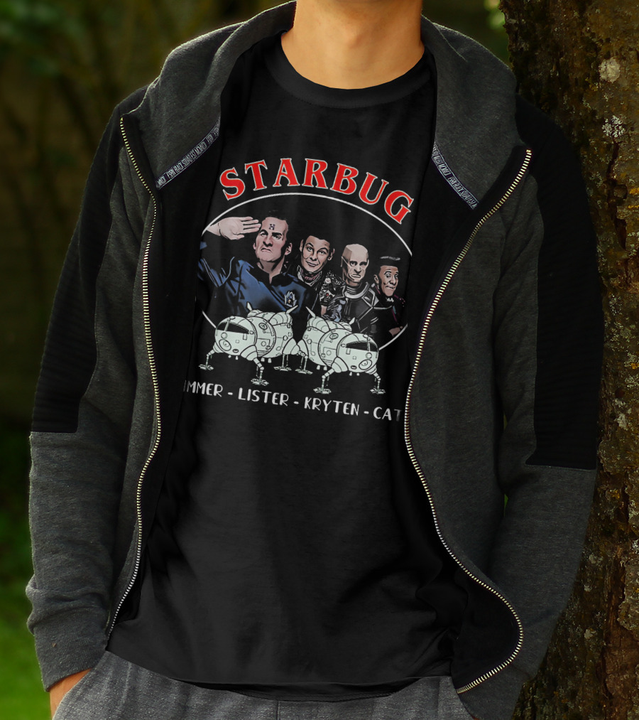 Starbug Rimmer Lister Kryten Cat Red Dwarf Crew With Spaceship T-Shirt