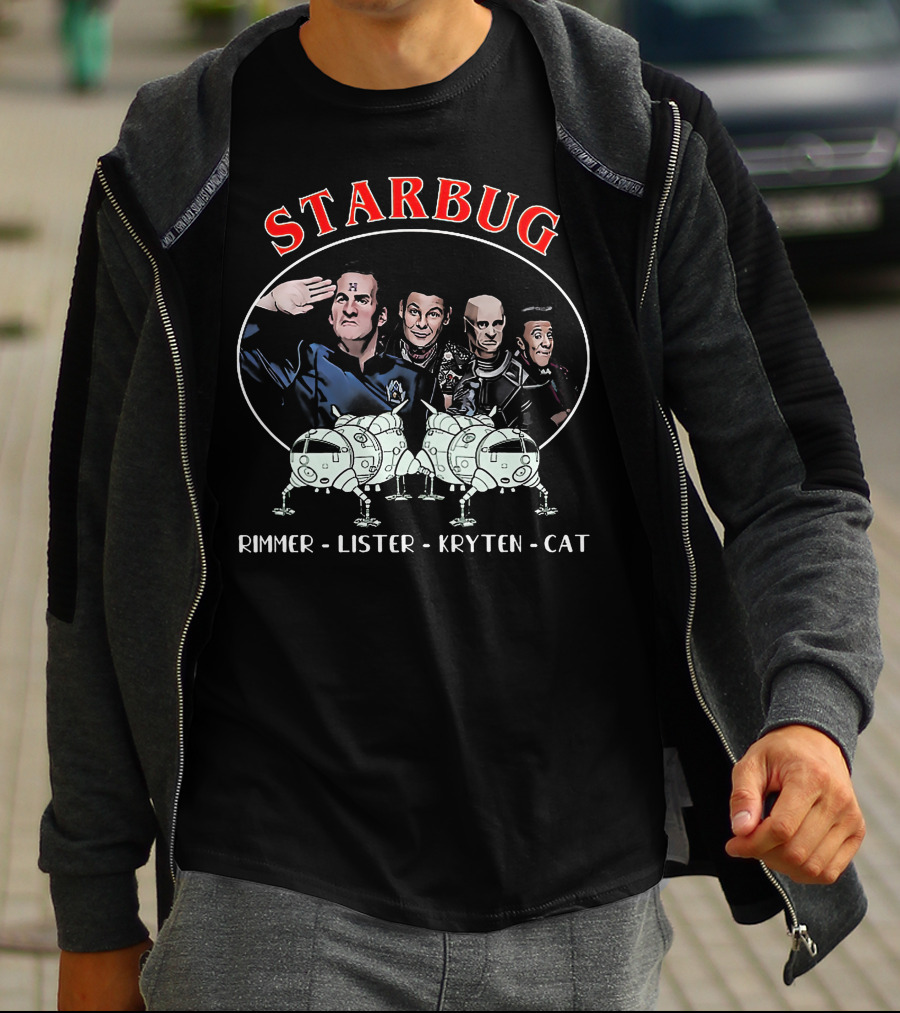 Starbug Rimmer Lister Kryten Cat Red Dwarf Crew With Spaceship T-Shirt