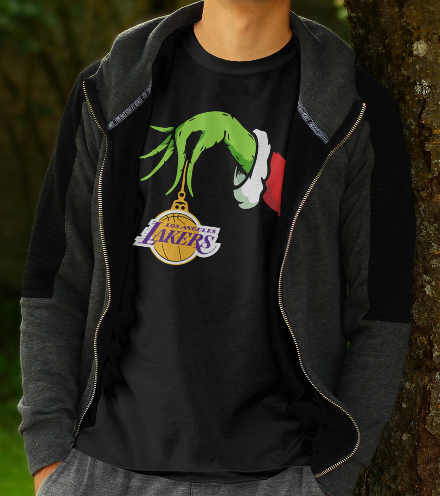 Grinch Hand With Santa Sleeve Holding Los Angeles Lakers T-Shirt