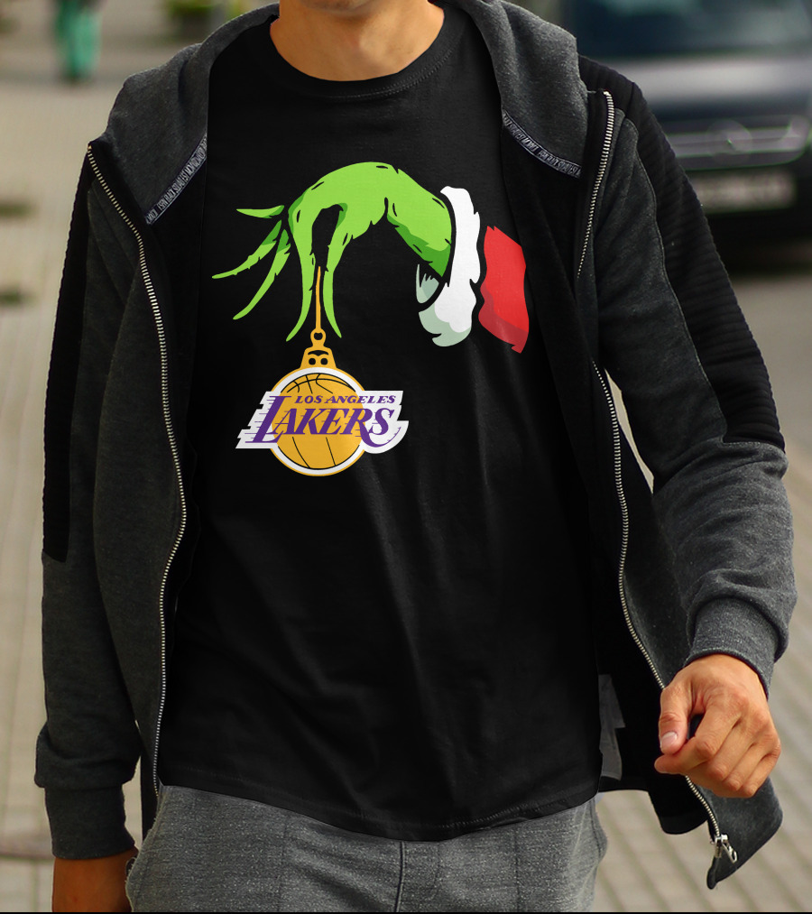 Grinch Hand With Santa Sleeve Holding Los Angeles Lakers T-Shirt