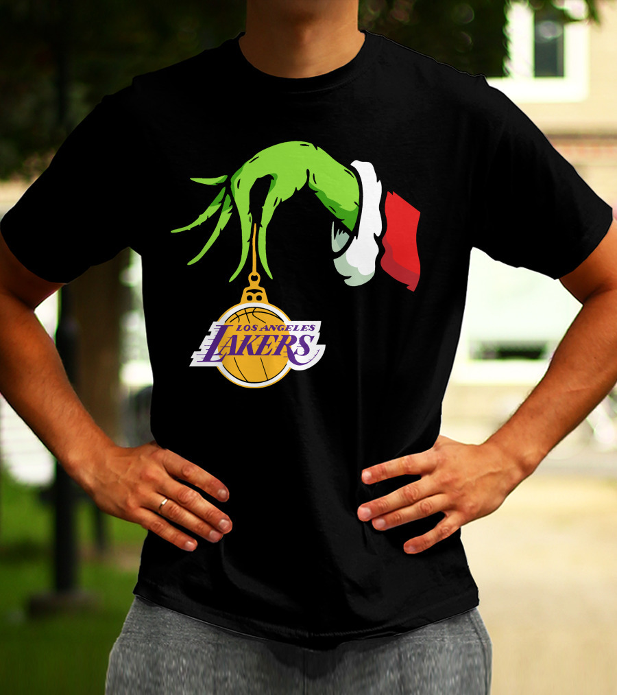 Grinch Hand With Santa Sleeve Holding Los Angeles Lakers T-Shirt