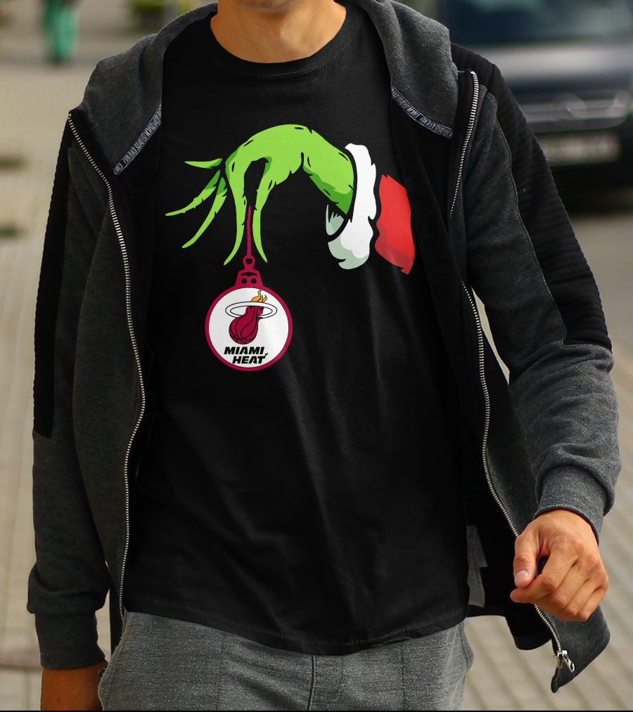 Grinch Hand With Miami Heat Ornament Holiday Sports T-Shirt