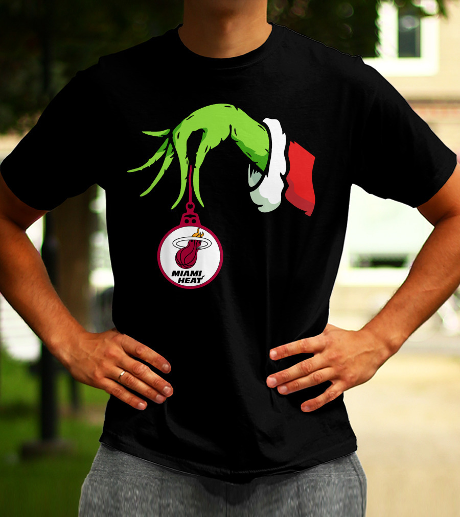 Grinch Hand With Miami Heat Ornament Holiday Sports T-Shirt