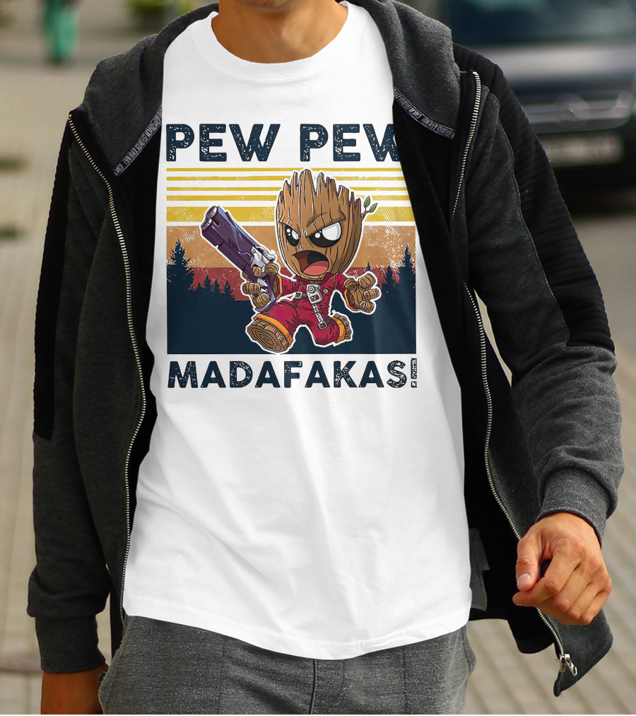 Pew Pew Madafakas Baby Groot Retro Forest Background T-Shirt