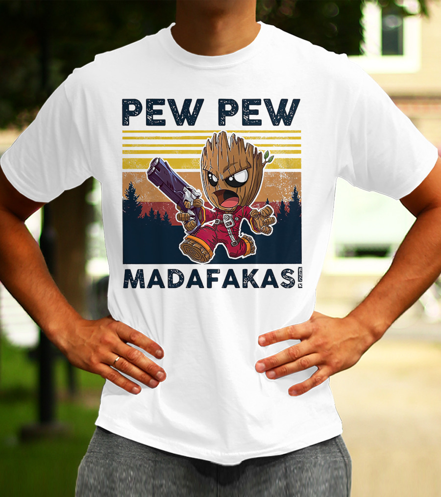 Pew Pew Madafakas Baby Groot Retro Forest Background T-Shirt