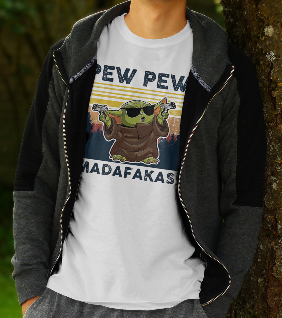 Pew Pew Madafakas Baby Yoda Retro Forest Sunset T-Shirt
