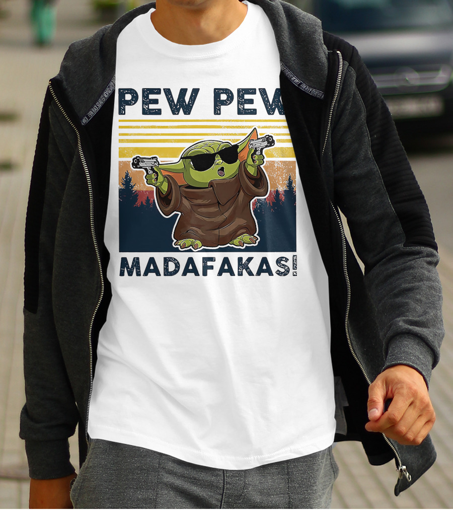 Pew Pew Madafakas Baby Yoda Retro Forest Sunset T-Shirt
