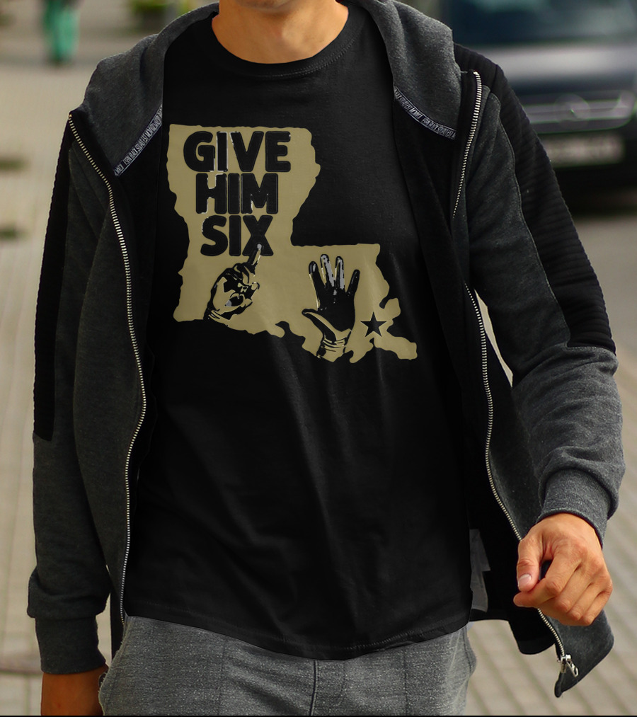 Give Him Six Louisiana Map With Football Gloves Star T-Shirt