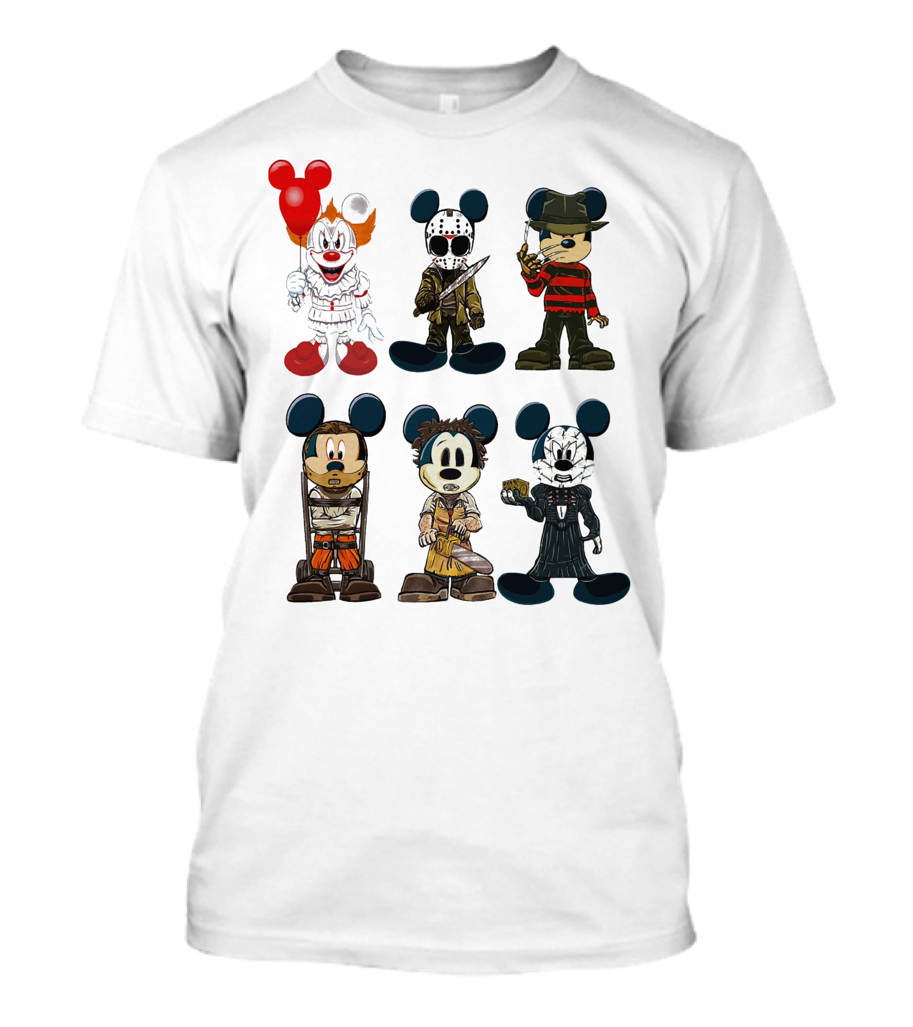 Halloween Horror Characters Mickey Mouse Pennywise Jason Freddy Chucky Leatherface Pinhead T-Shirt