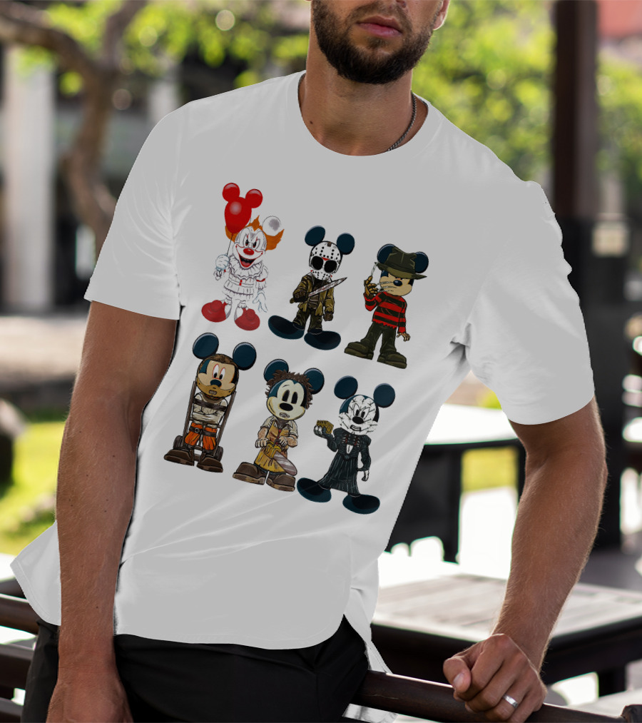 Halloween Horror Characters Mickey Mouse Pennywise Jason Freddy Chucky Leatherface Pinhead T-Shirt