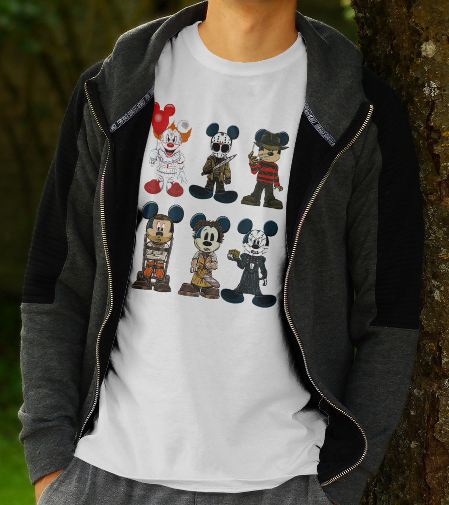 Halloween Horror Characters Mickey Mouse Pennywise Jason Freddy Chucky Leatherface Pinhead T-Shirt