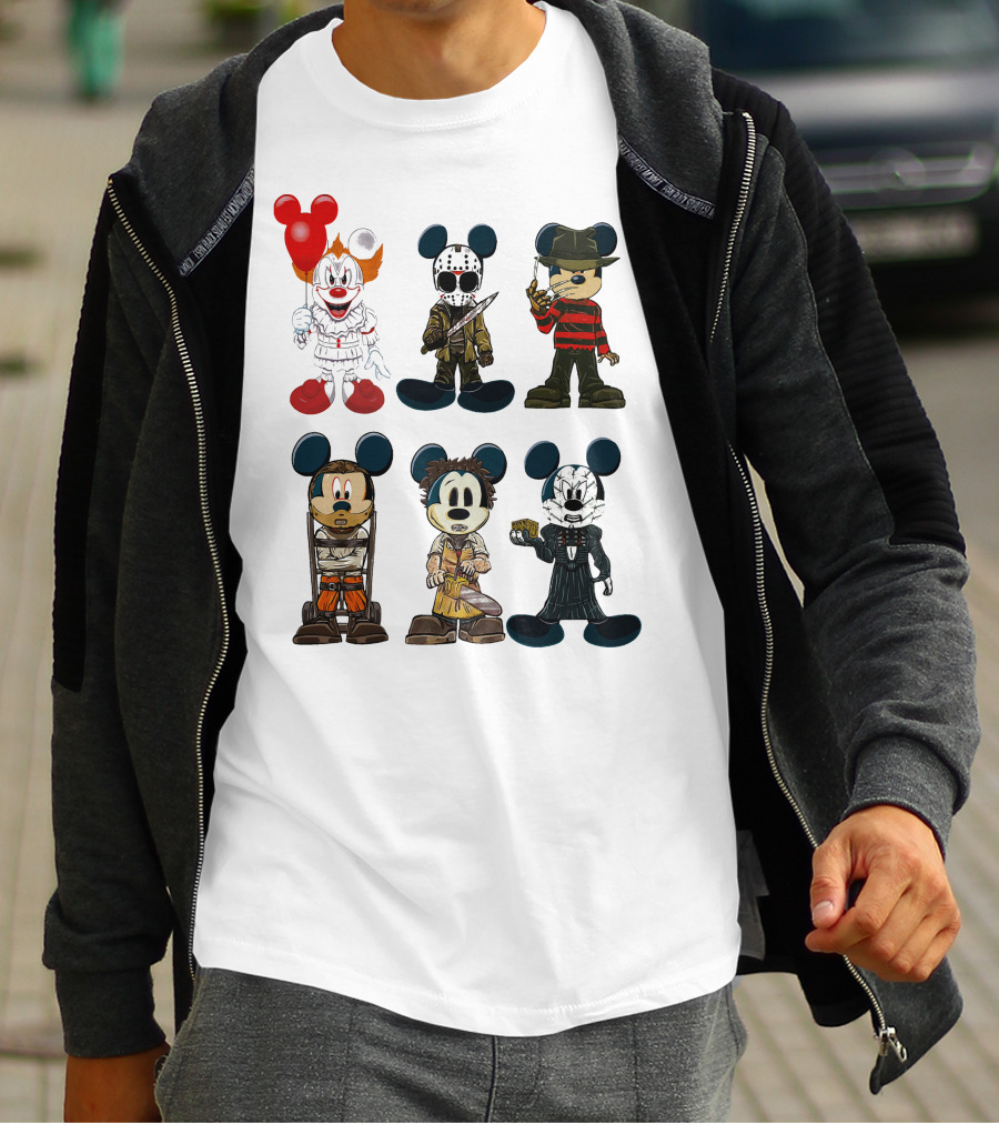 Halloween Horror Characters Mickey Mouse Pennywise Jason Freddy Chucky Leatherface Pinhead T-Shirt