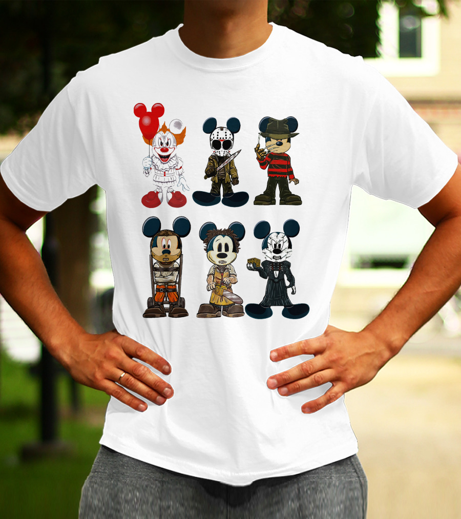 Halloween Horror Characters Mickey Mouse Pennywise Jason Freddy Chucky Leatherface Pinhead T-Shirt