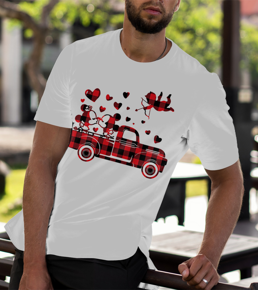 Buffalo Plaid Mickey Minnie Kissing In Truck With Hearts And Cupid Valentine T-Shirt