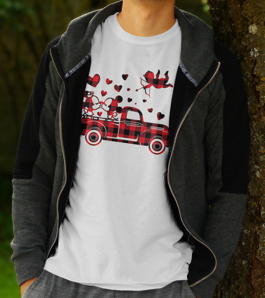 Buffalo Plaid Mickey Minnie Kissing In Truck With Hearts And Cupid Valentine T-Shirt