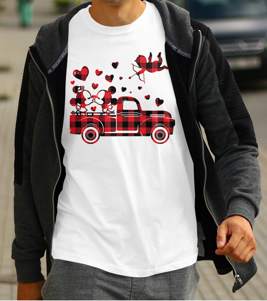 Buffalo Plaid Mickey Minnie Kissing In Truck With Hearts And Cupid Valentine T-Shirt