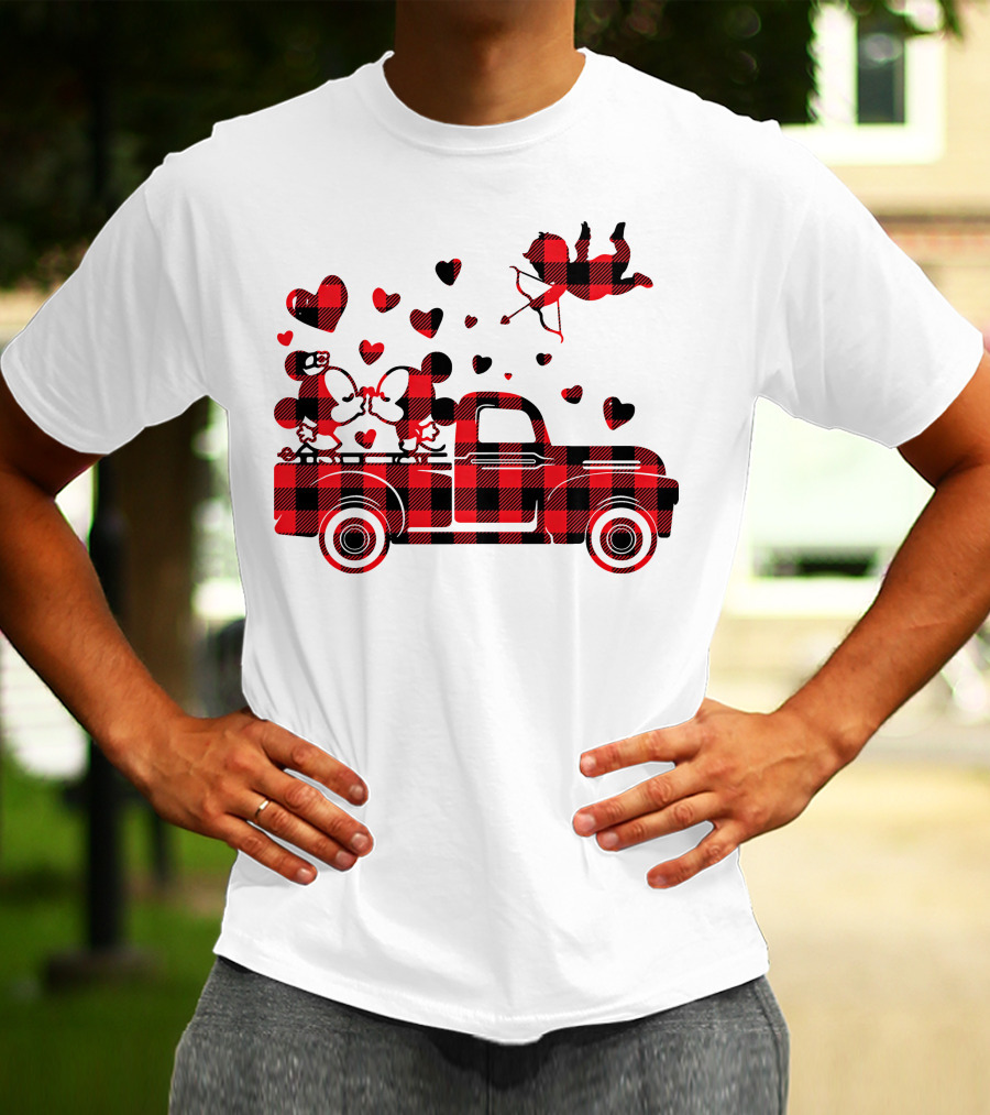 Buffalo Plaid Mickey Minnie Kissing In Truck With Hearts And Cupid Valentine T-Shirt