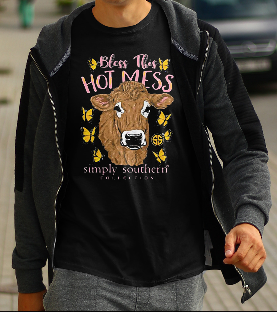Bless This Hot Mess Simply Southern Collection Cow And Butterflies T-Shirt