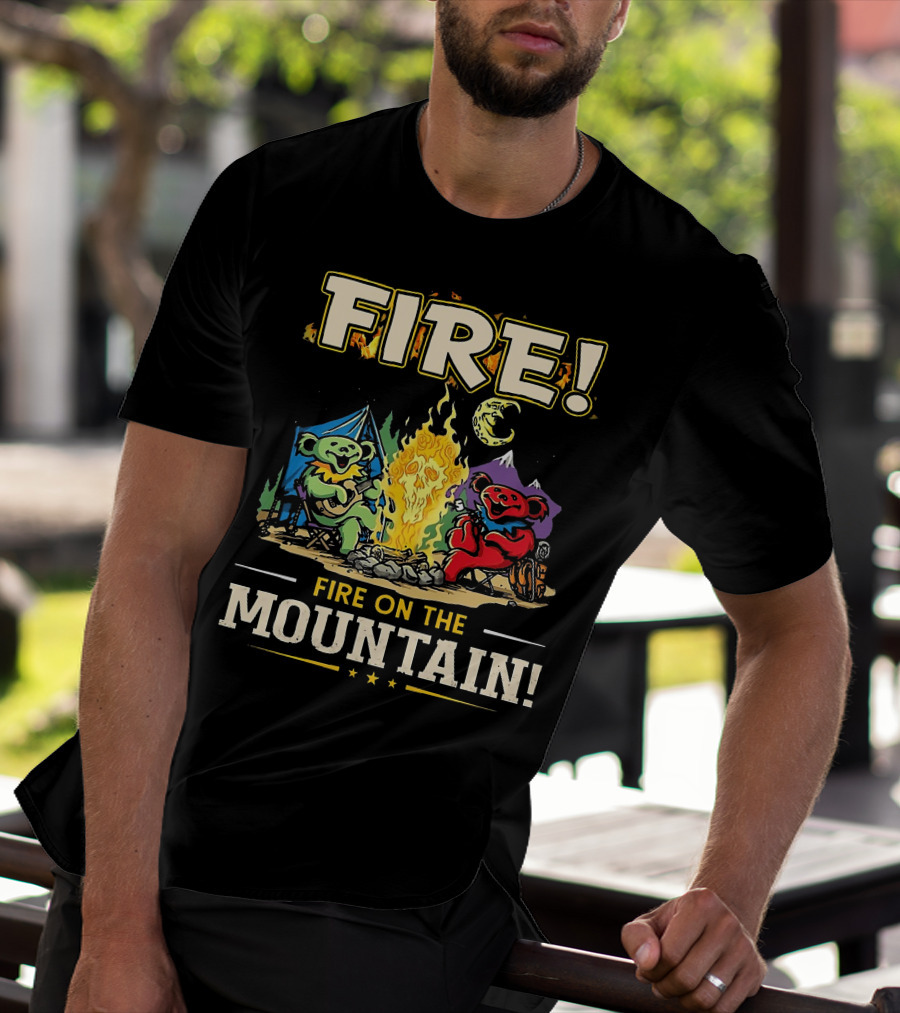Grateful Dead Fire On The Mountain Camping Bears Campfire Scene T-Shirt