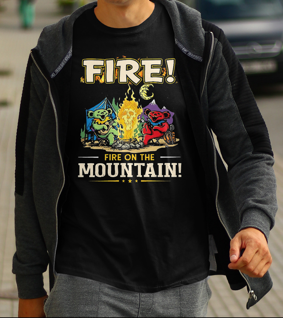 Grateful Dead Fire On The Mountain Camping Bears Campfire Scene T-Shirt