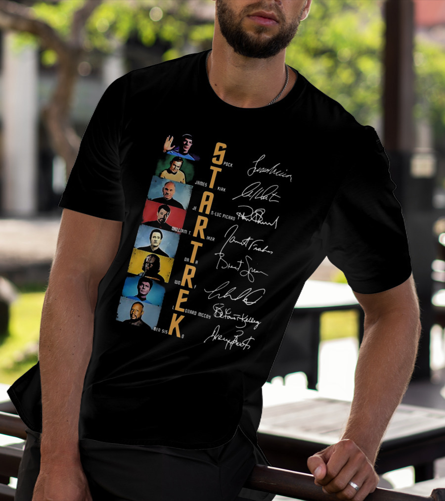 Star Trek Spock James Kirk Picard William T Riker Worf Leonard McCoy Ben Sisko Signatures T-Shirt