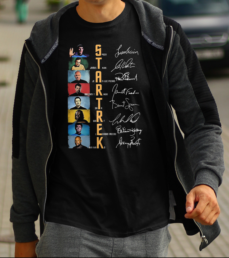 Star Trek Spock James Kirk Picard William T Riker Worf Leonard McCoy Ben Sisko Signatures T-Shirt