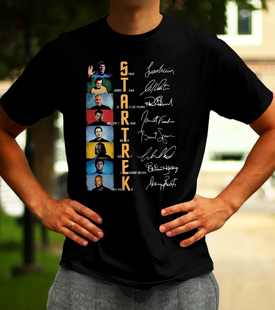 Star Trek Spock James Kirk Picard William T Riker Worf Leonard McCoy Ben Sisko Signatures T-Shirt