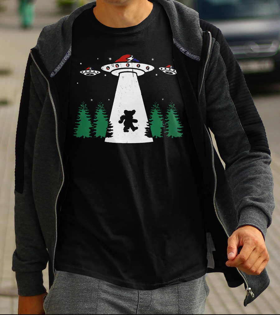 Grateful Dead Bear Abducted By UFO With Lightning Bolt And Red Hat T-Shirt